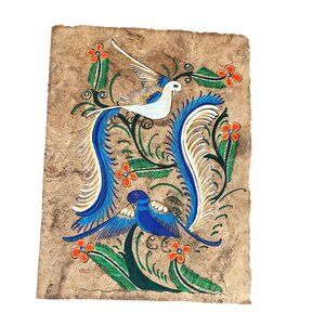 Vintage Handcrafted Mexican Amate Bark Painting Colorful Birds Flowers Vibrant